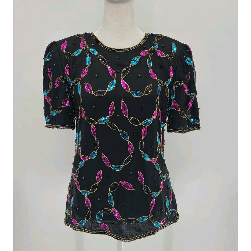 Vintage Stenay Beaded Cocktail Evening Blouse‎ Silk 1920s Gatsby Black